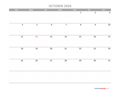 October Calendar 2026 Printable