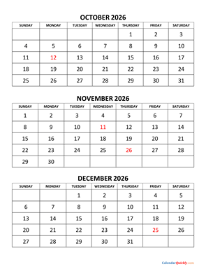 October to December 2026 Calendar Vertical