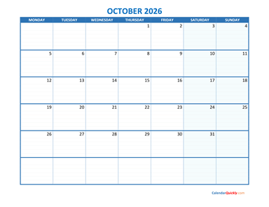 October Monday 2026 Blank Calendar