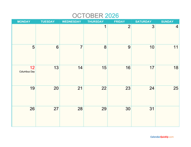 October Monday 2026 Calendar Printable