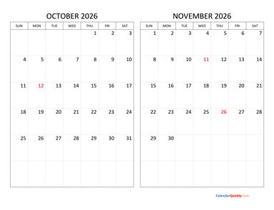 October and November 2026 Calendar Horizontal