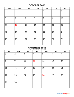 October and November 2026 Calendar Vertical