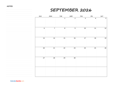 September Blank Calendar 2026 with Notes