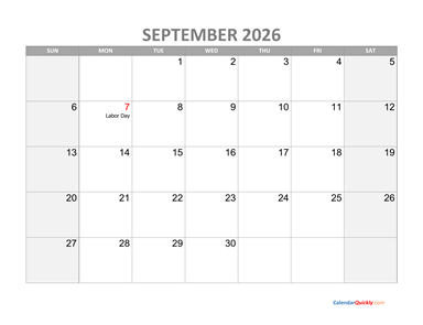 September Calendar 2026 with Holidays