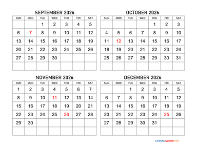 September to December 2026 Calendar