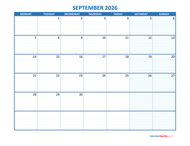 September Monday 2026 Blank Calendar