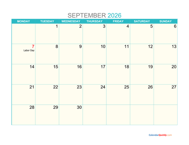 September Monday 2026 Calendar Printable