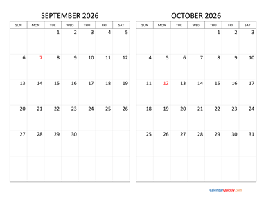 September and October 2026 Calendar Horizontal