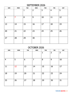 September and October 2026 Calendar Vertical