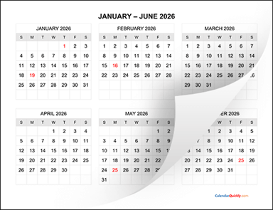 Six Months 2026 Calendar Horizontal