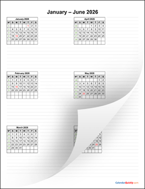 Six Months 2026 Calendar Vertical