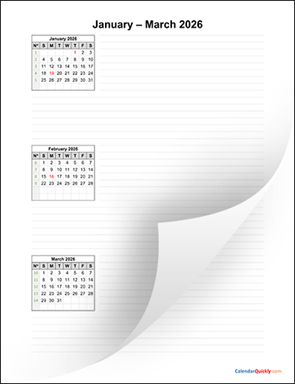 Three Months 2026 Calendar with Notes