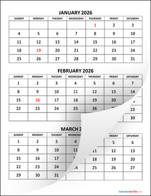 Three Months 2026 Calendar Vertical