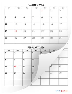 Two Months 2026 Calendar Vertical