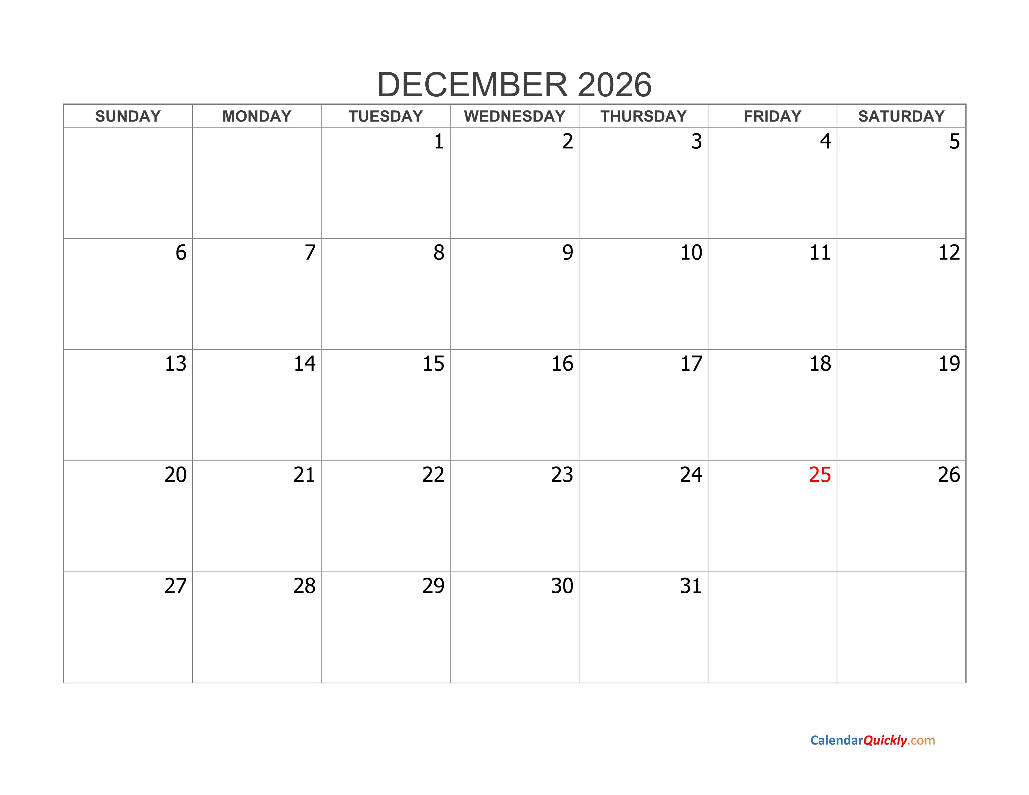 December 2026 Blank Calendar Calendar Quickly