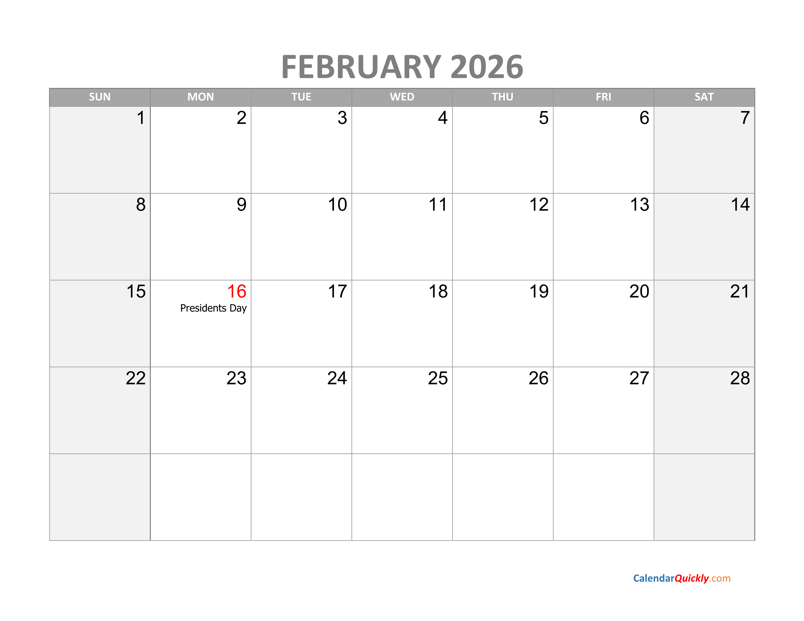 February Calendar 2026 With Holidays Calendar Quickly