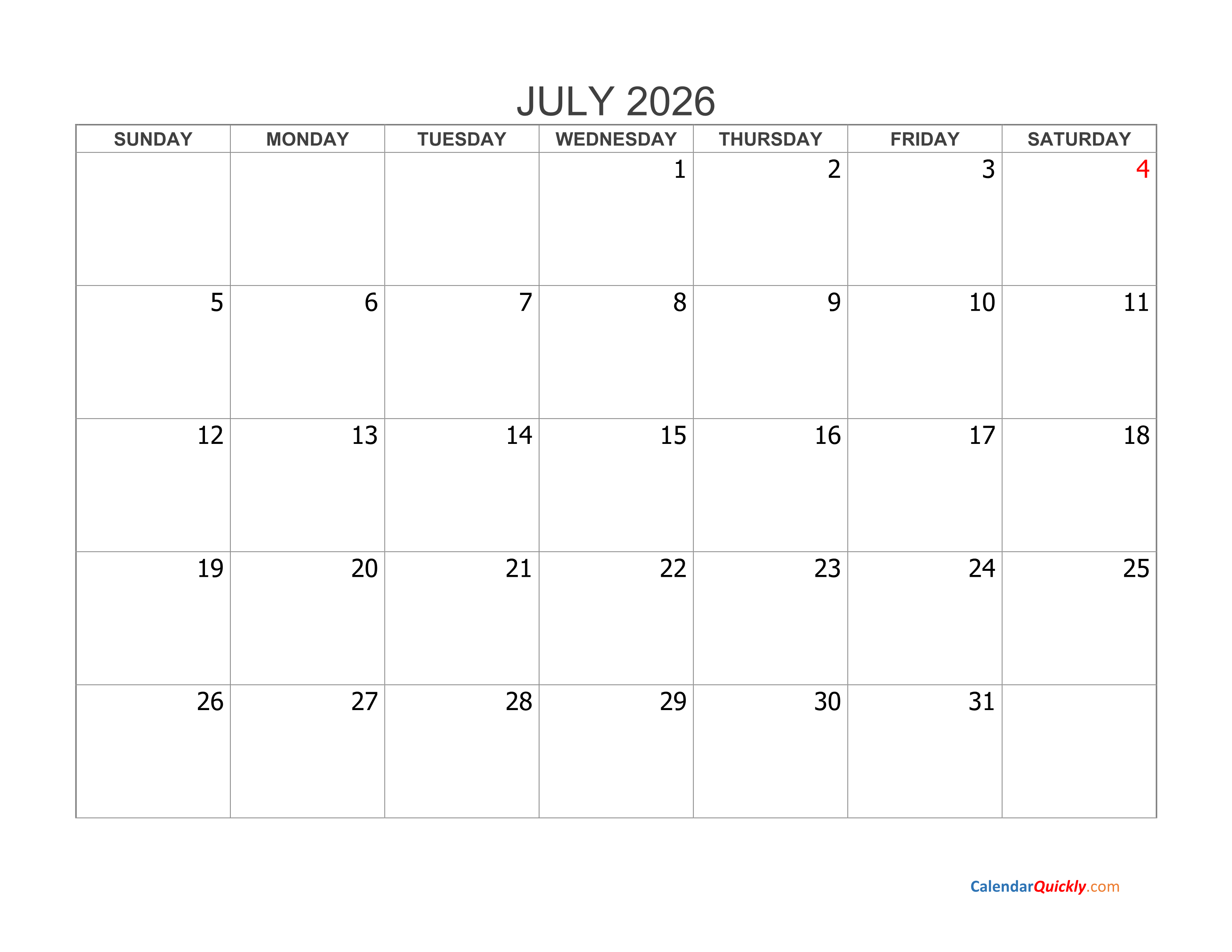 July 2026 Blank Calendar Calendar Quickly July 2026 Blank Calendar Calendar Quickly