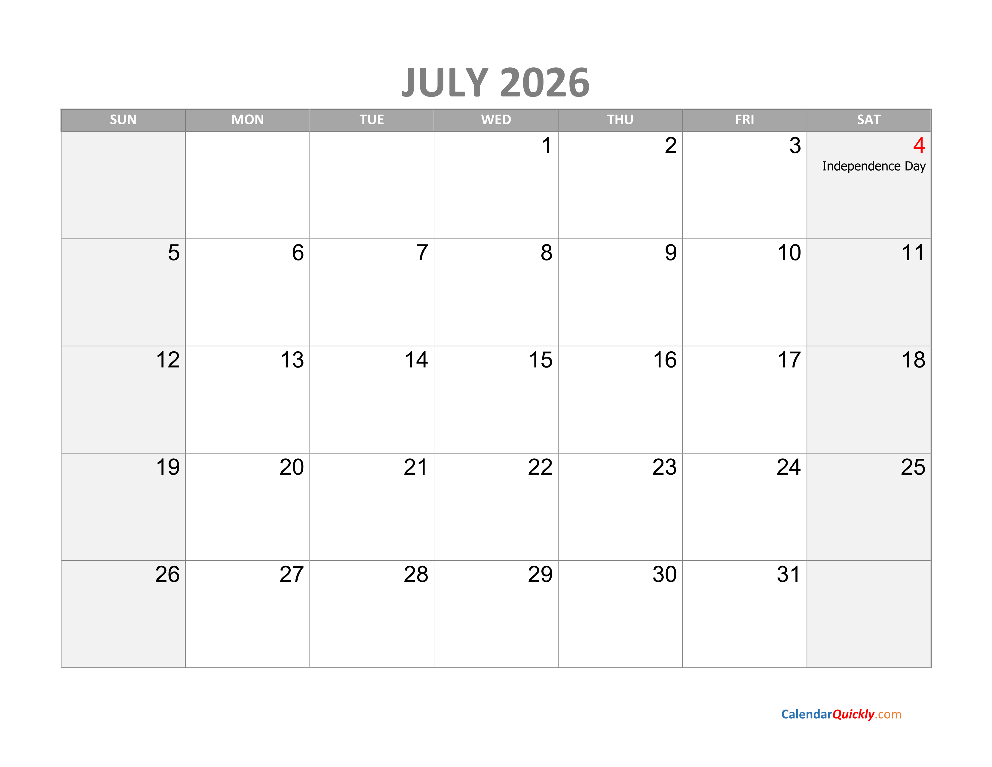 July Calendar 2026 With Holidays Calendar Quickly