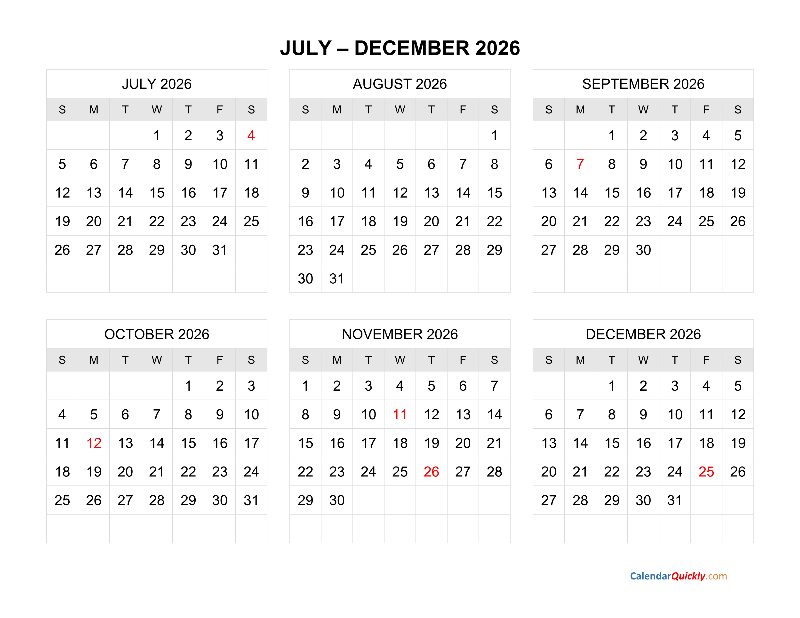 June 2026 To December 2026 Calendar