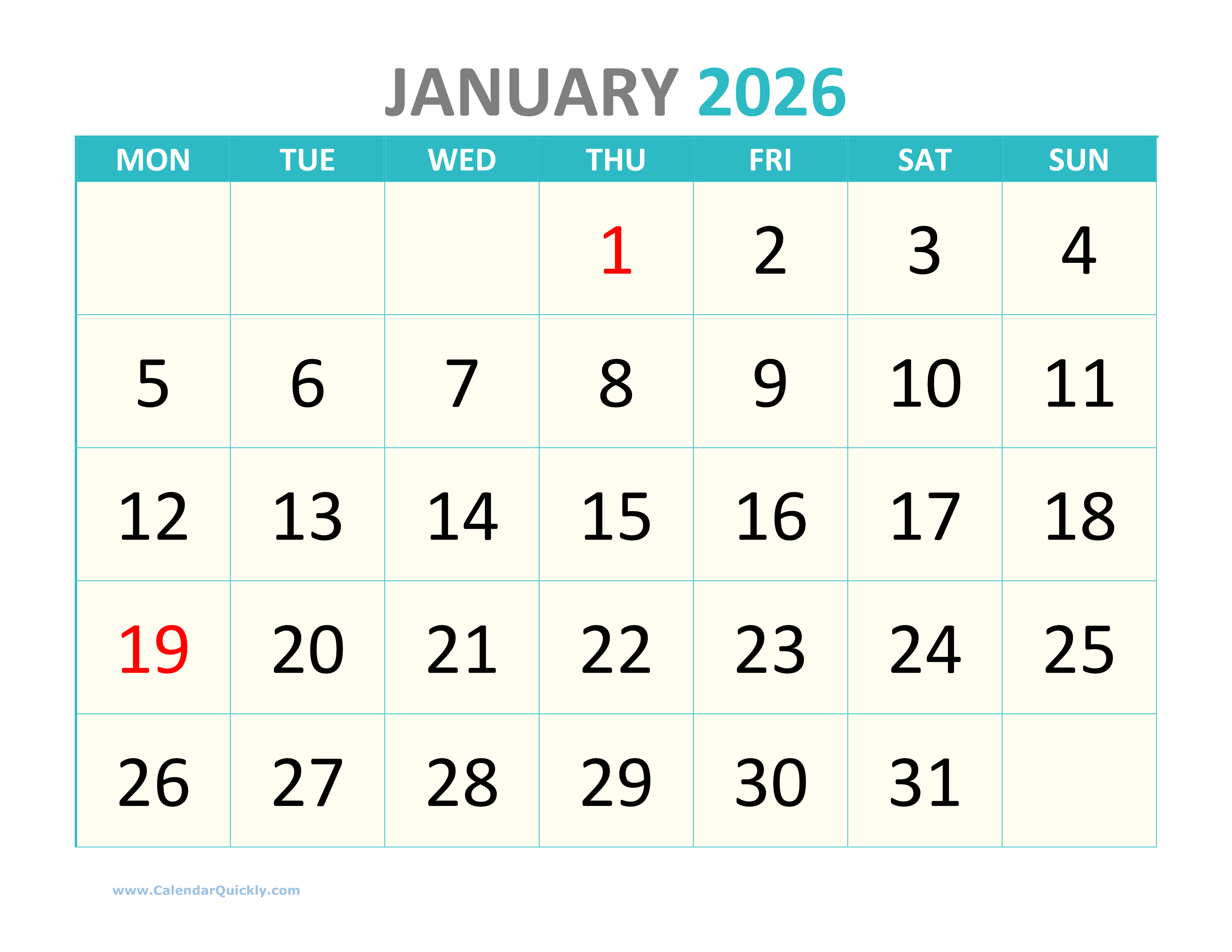 Large Monday Printable 2026 Calendar Calendar Quickly
