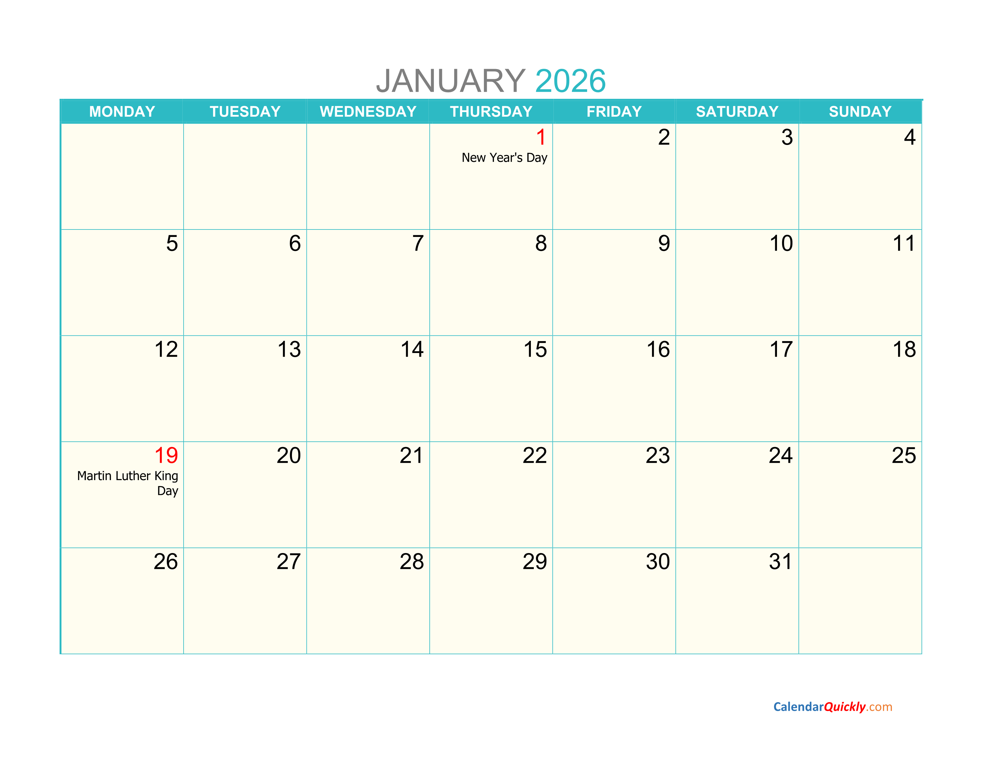 Monthly Monday 2026 Calendar Printable Calendar Quickly