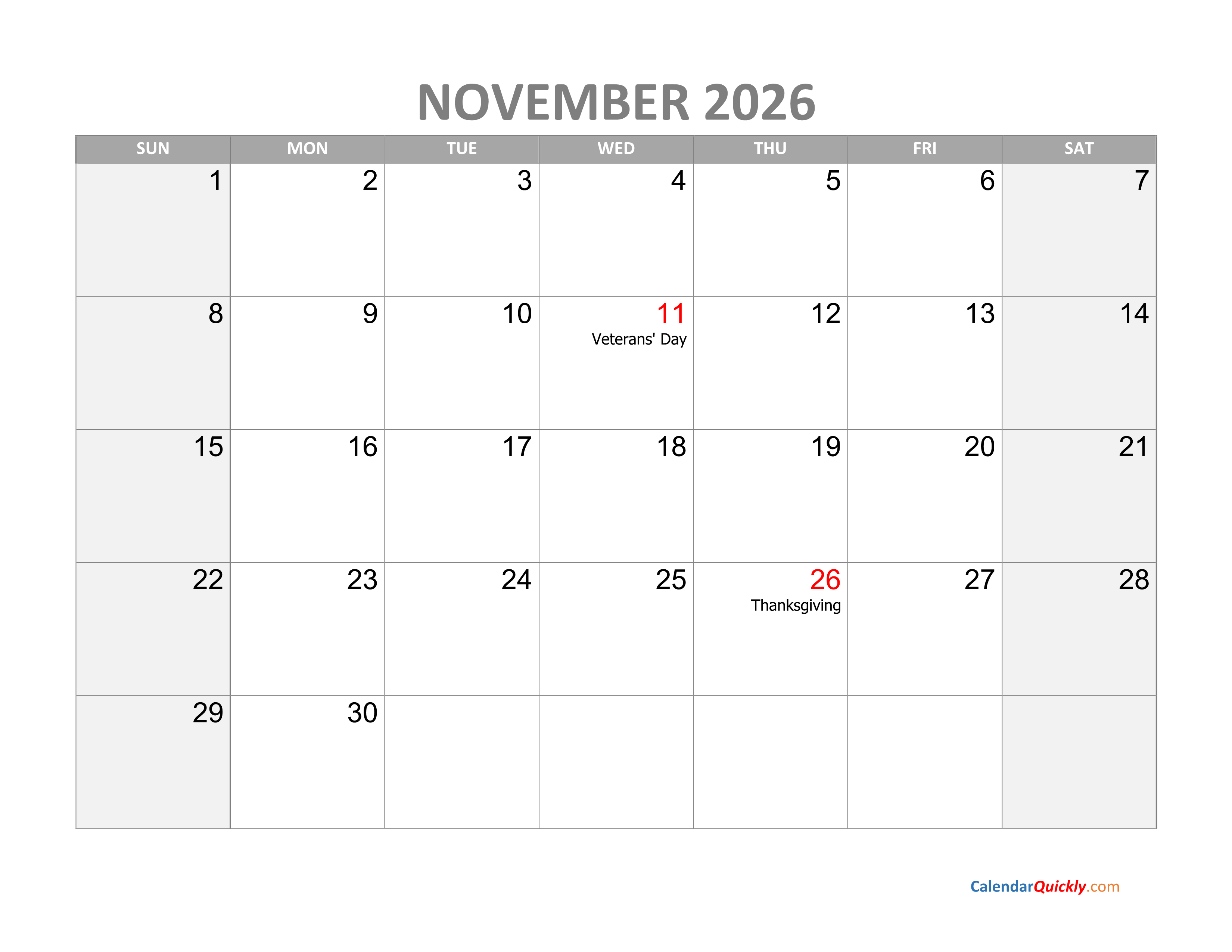 November Calendar 2026 With Holidays Calendar Quickly
