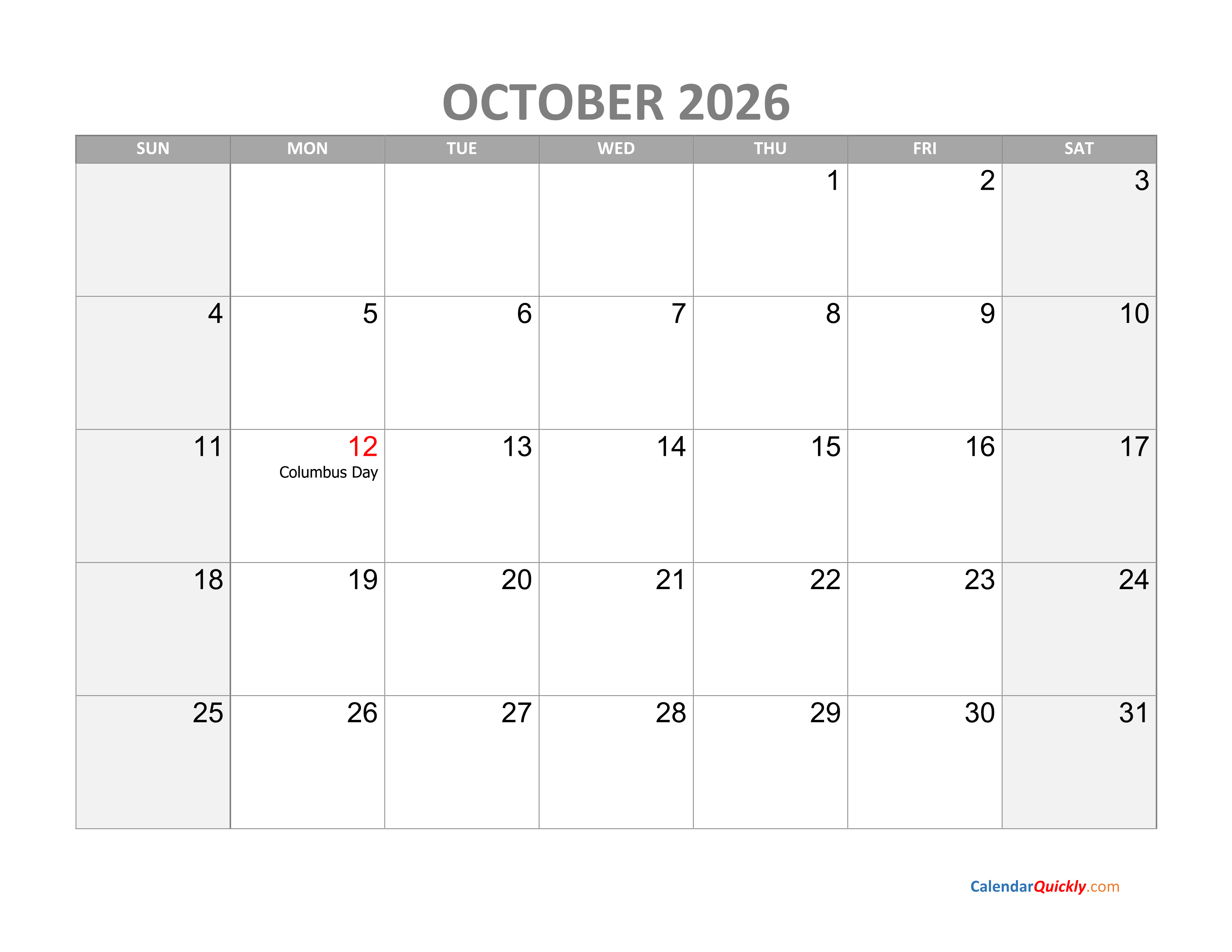 October Calendar 2026 With Holidays Calendar Quickly