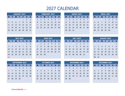 monday 2027 calendar horizontal