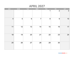 april calendar 2027 with holidays