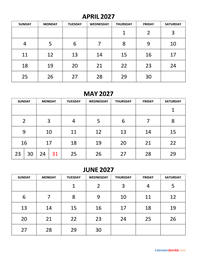 april to june 2027 calendar
