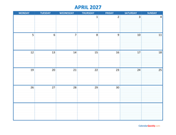 april monday 2027 blank calendar