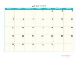 april monday 2027 calendar printable
