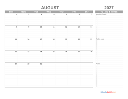 august 2027 calendar with to-do list