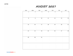 august blank calendar 2027 with notes