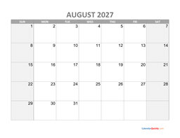 august calendar 2027 with holidays