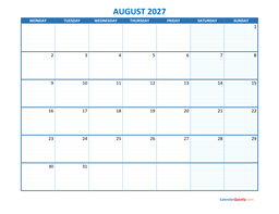 august monday 2027 blank calendar