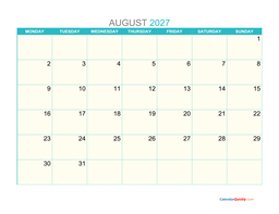 august monday 2027 calendar printable