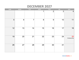 december calendar 2027 with holidays