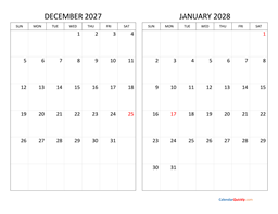 december and january 2027 calendar
