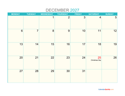 december monday 2027 calendar printable
