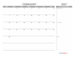 february 2027 calendar with to-do list