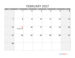 february calendar 2027 with holidays
