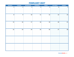 february monday 2027 blank calendar