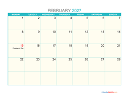 february monday 2027 calendar printable