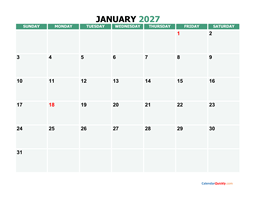january 2027 printable calendar
