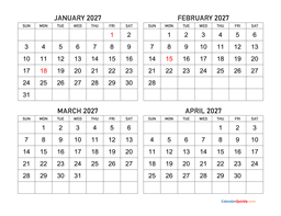 january to april 2027 calendar
