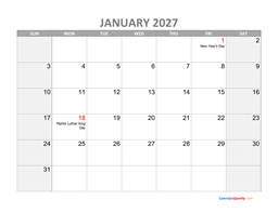january calendar 2027 with holidays