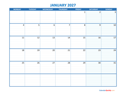 january monday 2027 blank calendar