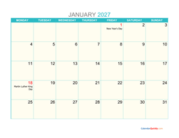 january monday 2027 calendar printable