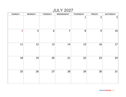 july 2027 blank calendar